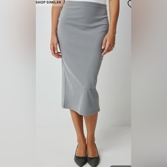 Back Slit Pencil Skirt - Stretch Rib Jersey Knit - Midi - Bodycon - Light Grey - Picture 2 of 13